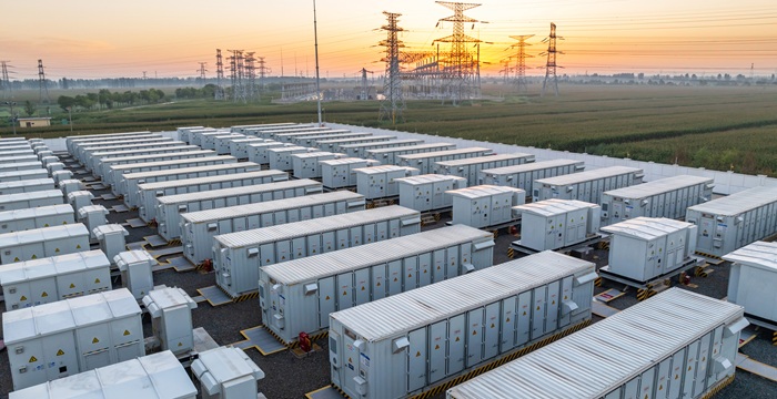 Energy storage power station at sunrise stock photo
