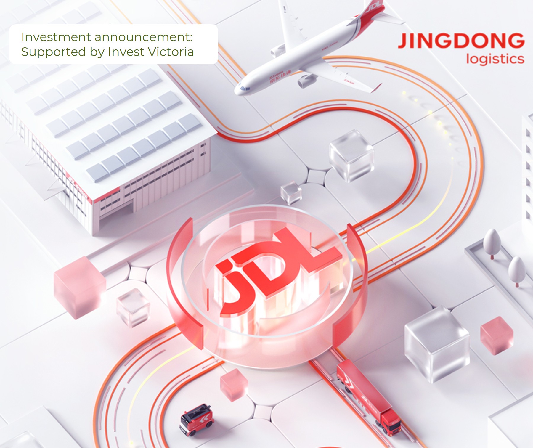 Stylised 3D illustration of a logistics network featuring Jingdong Logistics (JDL) branding. The image shows a central JDL hub surrounded by interconnected roads with delivery trucks, an airplane in flight, and a warehouse