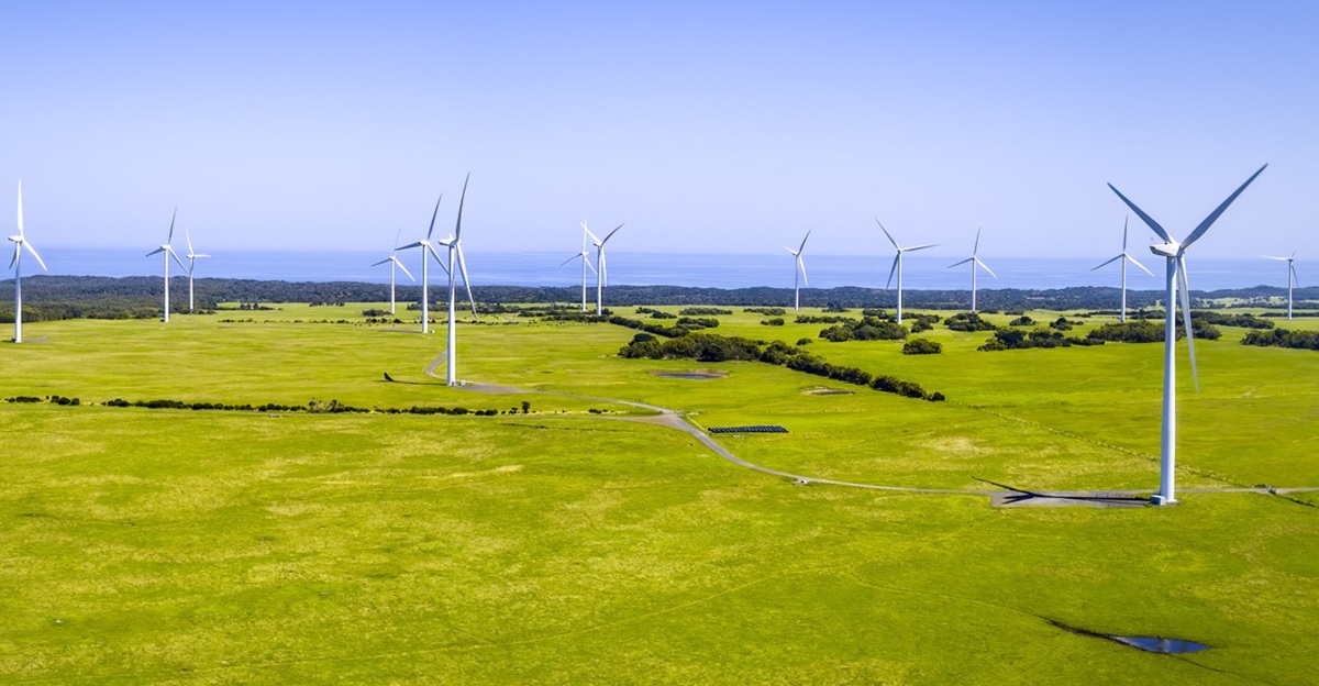 Wind farm and pastures in Australian countryside - aerial panorama stock photo