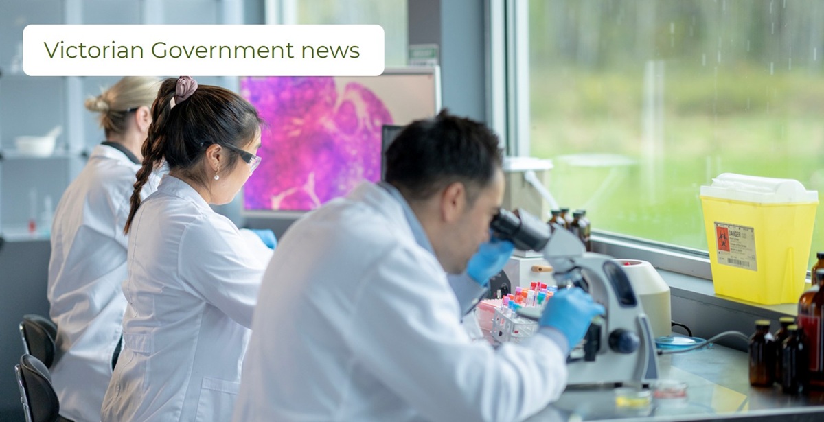 Small team of medical researchers work together in a Medical Lab as they take a closer look at samples under microscopes and analyse data