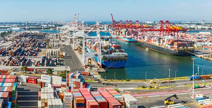 Aerial view busy Port of Melbourne Swanson Dock shipping container terminal, industrial area. stock photo