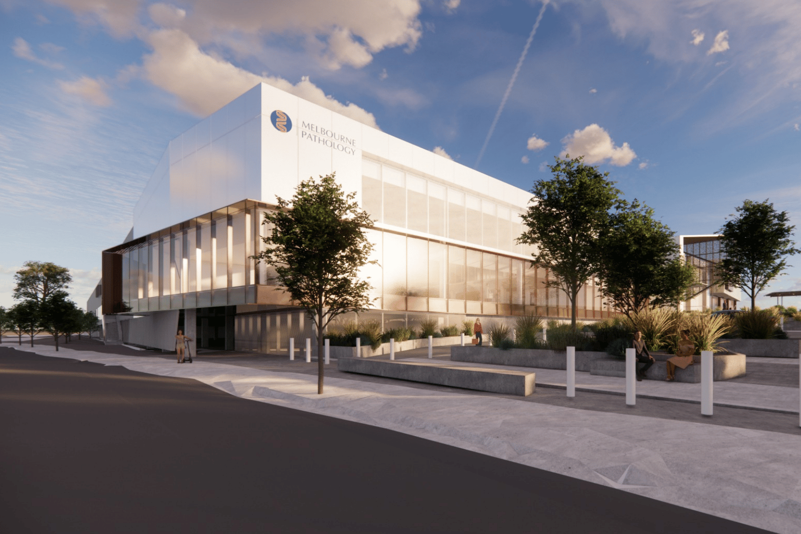 Photograph of a modern, multi-story building for Melbourne Pathology with large glass windows and a clean, minimalist design. The scene includes a paved sidewalk, landscaped greenery, trees, and a partly cloudy sky, suggesting a welcoming healthcare.