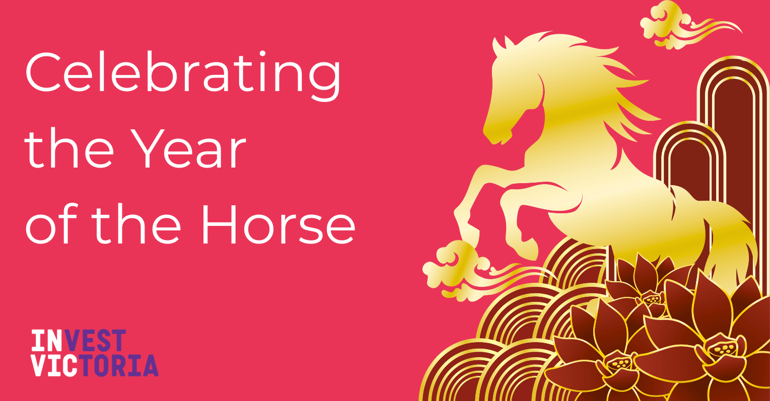 A digital graphic celebrating Year of the Horse features a gold horse silhouette above stylised gold floral and arch patterns on a red background. Text "Celebrating Year of Horse" appears in white on left, with "Invest Victoria" logo at bottom left.